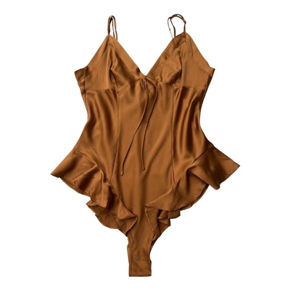 SKIMS Women's Silk Ruffle Loungewear Lingerie Teddy Bodysuit In Bronze Size M - Picture 6 of 9